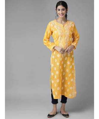 Hand Embroidered Mango Yellow Chanderi Lucknow Chikankari Women Kurta 1