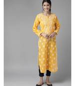 Hand Embroidered Mango Yellow Chanderi Lucknow Chikankari Women Kurta