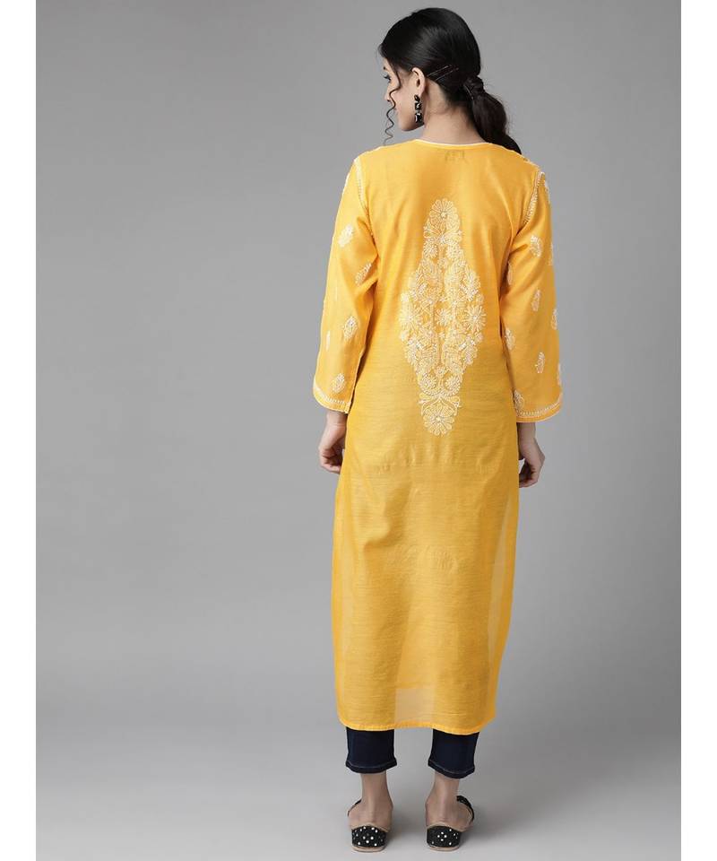 Hand Embroidered Mango Yellow Chanderi Lucknow Chikankari Women Kurta