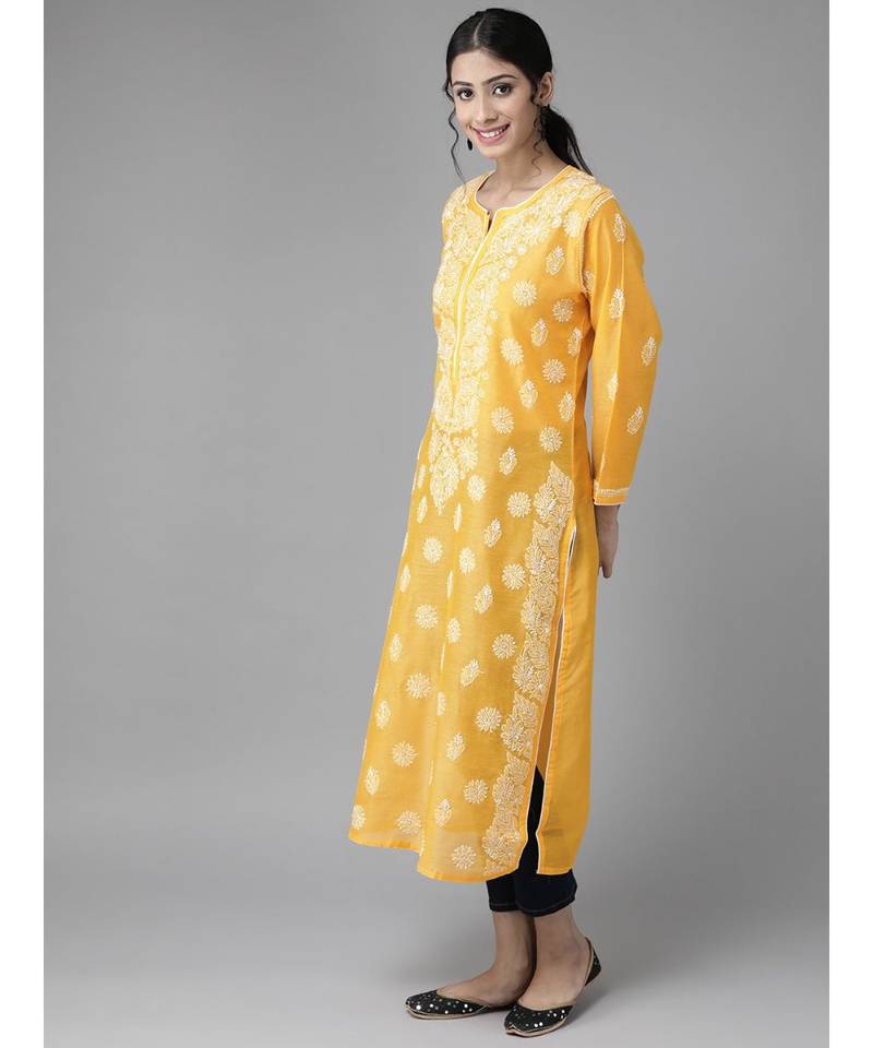 Hand Embroidered Mango Yellow Chanderi Lucknow Chikankari Women Kurta