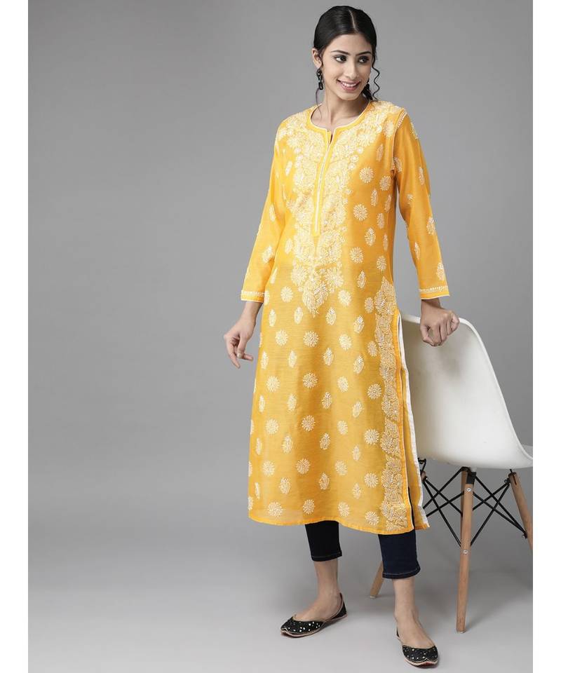Hand Embroidered Mango Yellow Chanderi Lucknow Chikankari Women Kurta