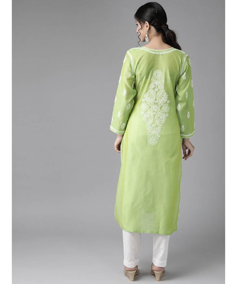 Ada Hand Embroidered Green Chanderi Lucknow Chikankari Women Kurta - A411174