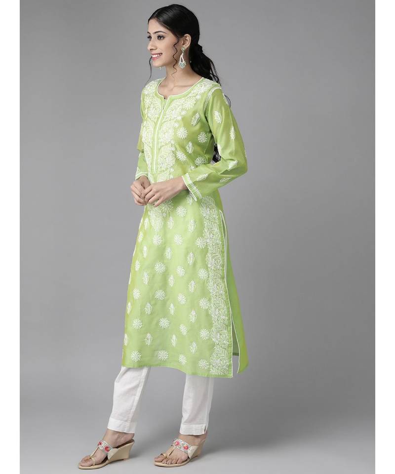 Ada Hand Embroidered Green Chanderi Lucknow Chikankari Women Kurta - A411174