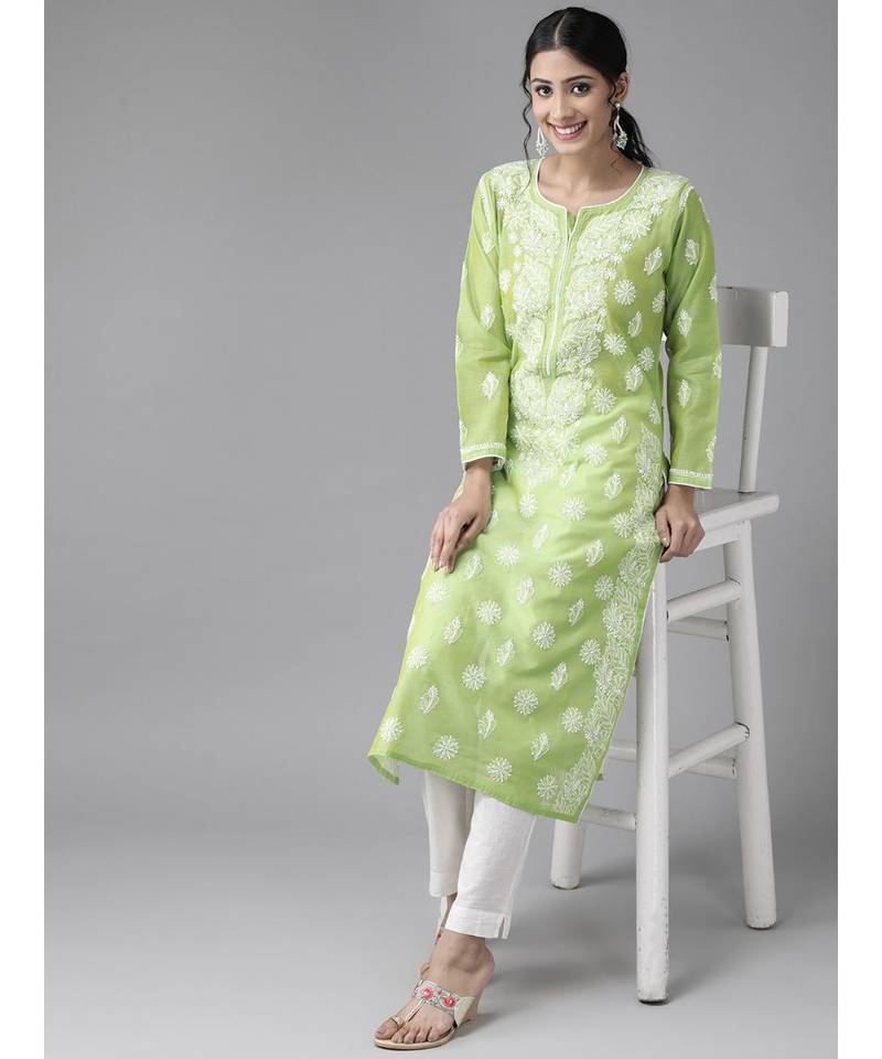 Ada Hand Embroidered Green Chanderi Lucknow Chikankari Women Kurta - A411174