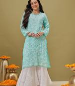Hand Embroidered Green Georgette Lucknow Chikankari Women Kurta With Slip