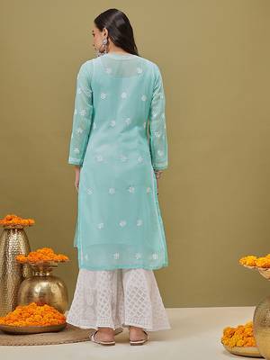 Hand Embroidered Green Georgette Lucknow Chikankari Women Kurta With Slip 2