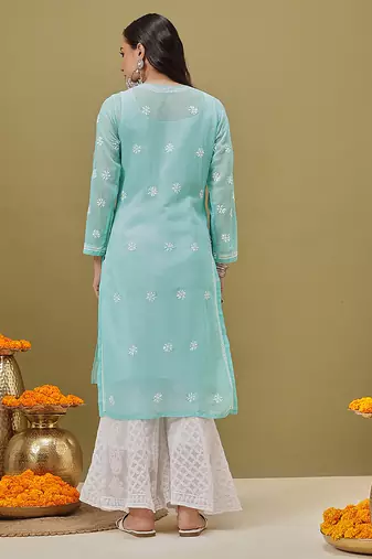 Hand Embroidered Green Georgette Lucknow Chikankari Women Kurta With Slip
