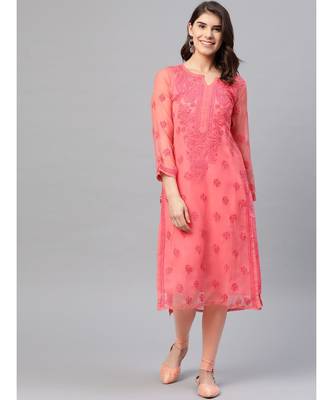 Hand Embroidered Peach Georgette Trendy Lucknowi Chikankari Women Kurta With Slip 1