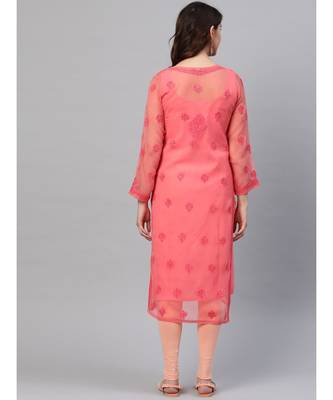 Hand Embroidered Peach Georgette Trendy Lucknowi Chikankari Women Kurta With Slip 2