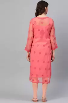 Hand Embroidered Peach Georgette Trendy Lucknowi Chikankari Women Kurta With Slip