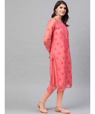 Hand Embroidered Peach Georgette Trendy Lucknowi Chikankari Women Kurta With Slip 3
