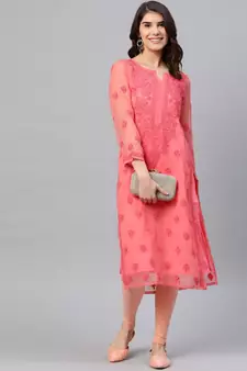 Hand Embroidered Peach Georgette Trendy Lucknowi Chikankari Women Kurta With Slip