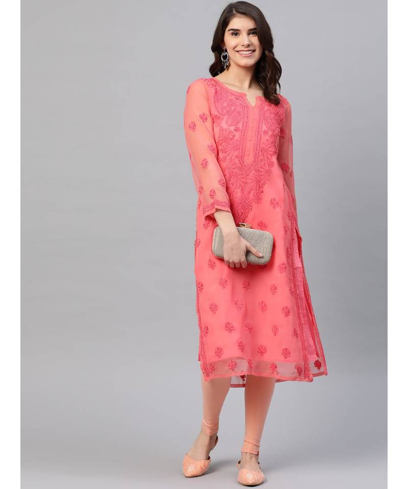 Hand Embroidered Peach Georgette Trendy Lucknowi Chikankari Women Kurta With Slip