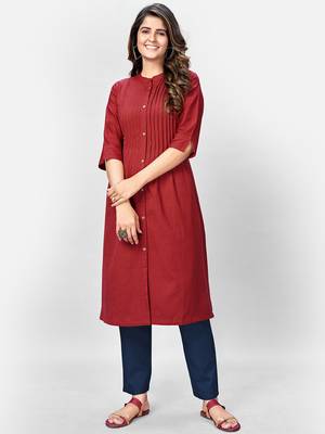 Women's Solid & Pintuck A-Line Cotton Maroon Kurta 1