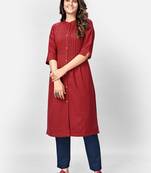 Women's Solid & Pintuck A-Line Cotton Maroon Kurta