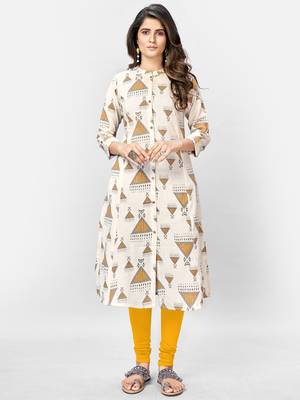 Women's Printed A-Line Cotton Off White Kurta 1