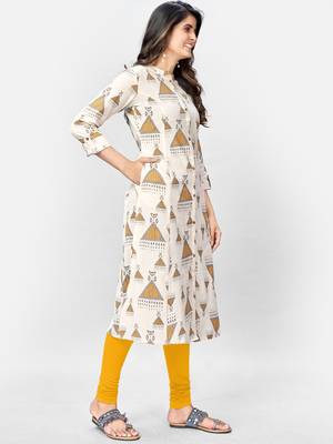 Women's Printed A-Line Cotton Off White Kurta 4