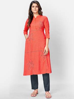 Women's Solid & Hand Work Straight Rayon Coral Kurta 1