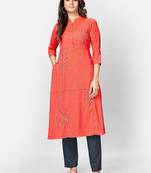 Women's Solid & Hand Work Straight Rayon Coral Kurta