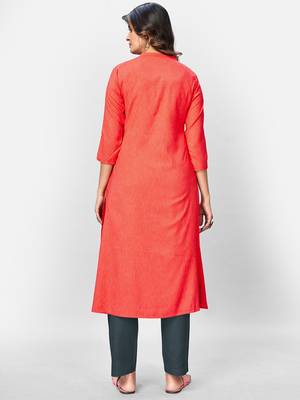 Women's Solid & Hand Work Straight Rayon Coral Kurta 2