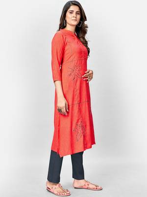 Women's Solid & Hand Work Straight Rayon Coral Kurta 3