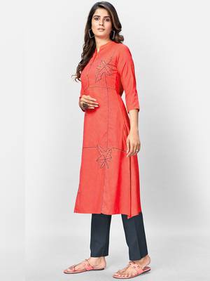 Women's Solid & Hand Work Straight Rayon Coral Kurta 4