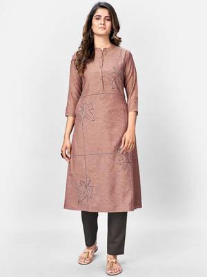Women's Solid & Hand Work Straight Rayon Brown Kurta 1