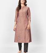 Women's Solid & Hand Work Straight Rayon Brown Kurta