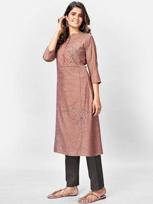 Women's Solid & Hand Work Straight Rayon Brown Kurta 3