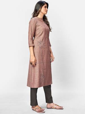 Women's Solid & Hand Work Straight Rayon Brown Kurta 4