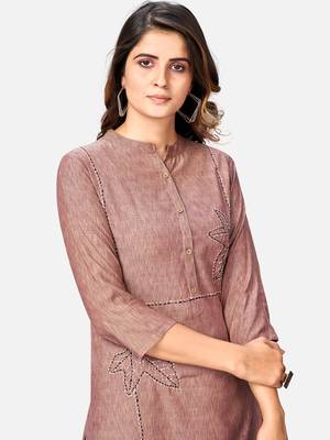 Women's Solid & Hand Work Straight Rayon Brown Kurta 5