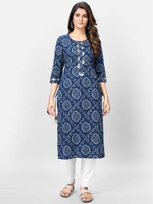 Women's Bandhani Printed & Gota Patti Work Straight Cotton Blue Kurta 1
