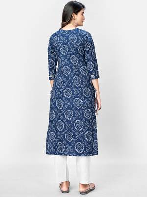 Women's Bandhani Printed & Gota Patti Work Straight Cotton Blue Kurta 2