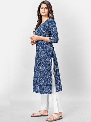 Women's Bandhani Printed & Gota Patti Work Straight Cotton Blue Kurta 3