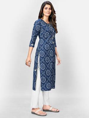 Women's Bandhani Printed & Gota Patti Work Straight Cotton Blue Kurta 4