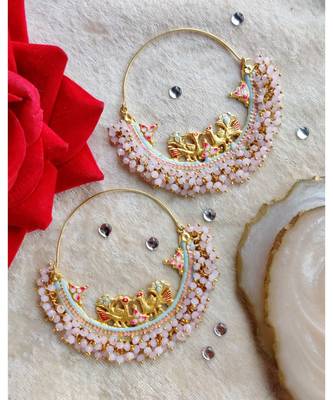 Peacock Style Pink Colored Pearl Embellished Earring 1