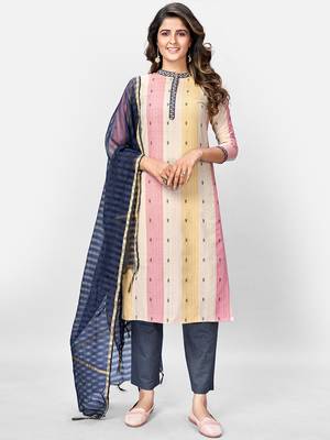 Women's Printed Straight Cotton Beige Kurta,Pant & Dupatta 1