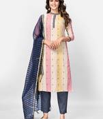 Women's Printed Straight Cotton Beige Kurta,Pant & Dupatta