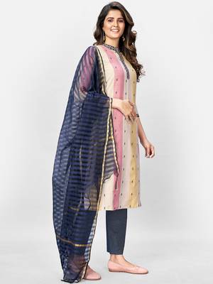 Women's Printed Straight Cotton Beige Kurta,Pant & Dupatta 3