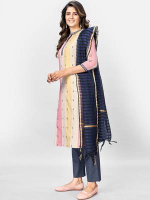 Women's Printed Straight Cotton Beige Kurta,Pant & Dupatta 4