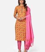 Women's Foil Print & Sequence Straight Cotton Mustard Kurta With Pant