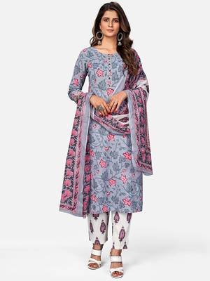 Women's Print & Mirror Work Straight Cotton Grey Kurta,Pant & Dupatta 1
