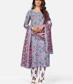 Women's Print & Mirror Work Straight Cotton Grey Kurta,Pant & Dupatta