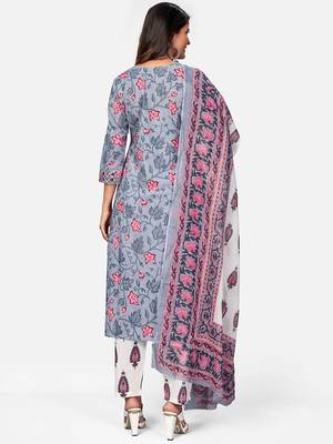 Women's Print & Mirror Work Straight Cotton Grey Kurta,Pant & Dupatta 2