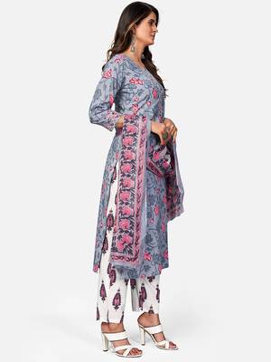 Women's Print & Mirror Work Straight Cotton Grey Kurta,Pant & Dupatta 3