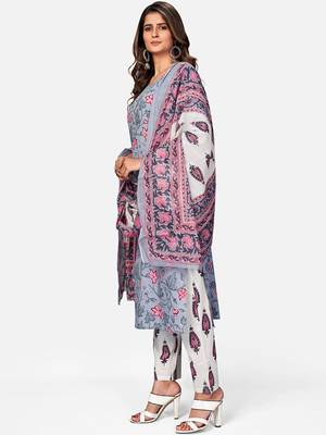 Women's Print & Mirror Work Straight Cotton Grey Kurta,Pant & Dupatta 4