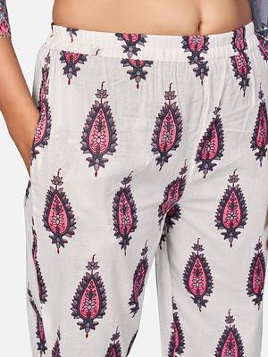 Women's Print & Mirror Work Straight Cotton Grey Kurta,Pant & Dupatta 6