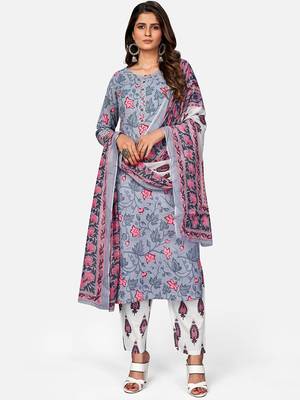 Women's Print & Mirror Work Straight Cotton Grey Kurta,Pant & Dupatta 7