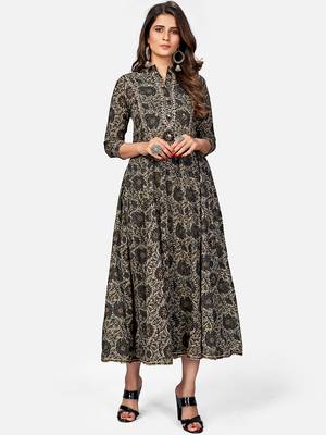Women's Pittan Work & Floral Print Anarkali Cotton Grey Kurta 1