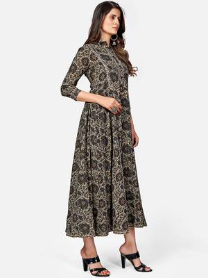 Women's Pittan Work & Floral Print Anarkali Cotton Grey Kurta 4